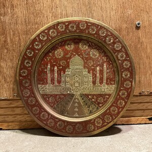 Taj Mahal Wall plate Carved Brass with Enamel, Decorative Wall Plate Embossed