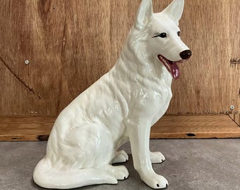 Vintage Mid-Century White German Shepherd Ceramic Figurine – Hand-Painted Italian Style Dog Statue