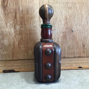 Vintage Leather Decanter - Spain Made Leather Encased Glass Decanter Bottle - Mid-Century Modern Liquor Wine Bottle