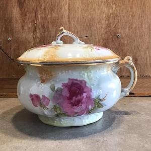 Può includere: Un vaso da notte in porcellana bianca con coperchio, decorato con rose rosa e dettagli dorati.