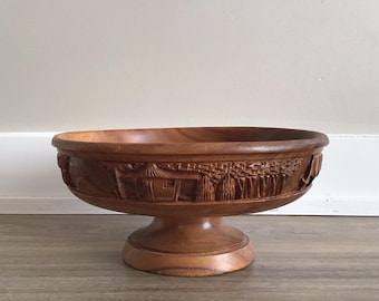 Vintage Carved Wood Pedestal Bowl