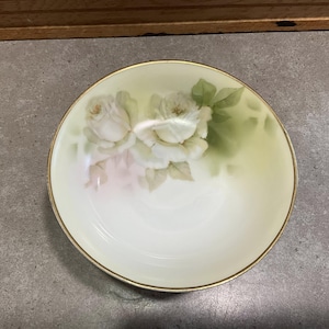 Antique Royal Rudolstadt Prussia Bowl, Beyer & Bock Porcelain, Hand-Painted Floral Cabinet Bowl, White Roses with soft green highlights