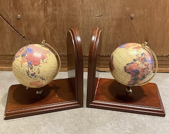 Vintage Globe Buchstützen Paar, Rotierende Weltkarte Buchstützen, Klassische Bibliothek Büro Dekor
