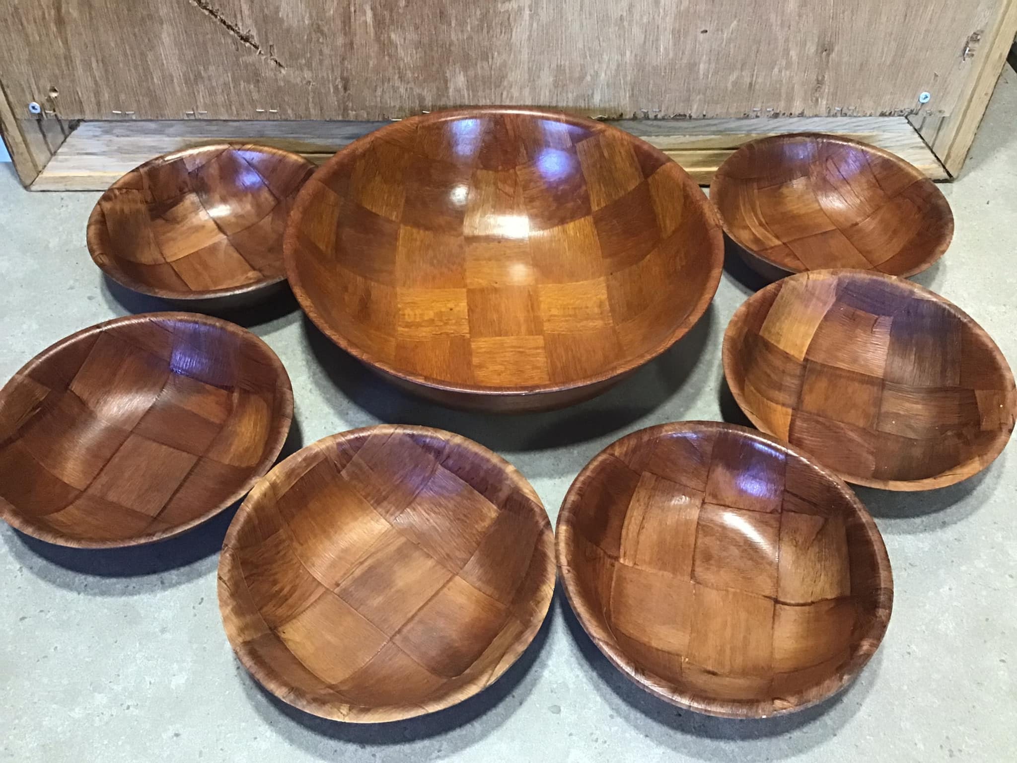 7 Pc Vintage Boho Salad Bowl Set Woven Parquet Wood Formosa