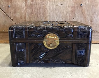 Vintage Hand Carved Camphor Chest: Asian Bird Motif Trunk