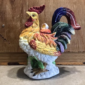Rare Glazed Ceramic Rooster Dispenser with tail for handle, Ceramic Rooster Pitcher with Lid, Multi-colored Rooster Figurine