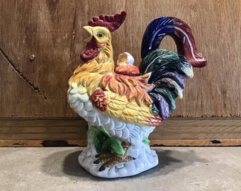 Rare Glazed Ceramic Rooster Pitcher: Multi-Colored Farmhouse Decor