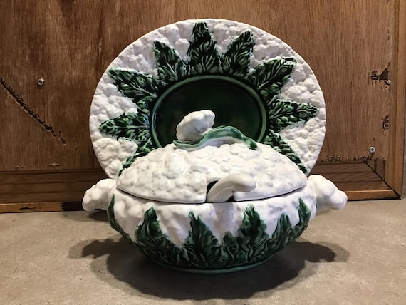 Vintage Cauliflower Soup Tureen With Underplate and Ladle Ceramic