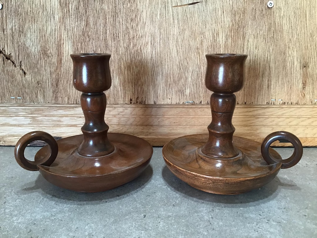 2 Vintage Wood Candle Stick Holder 5 High, Round Wooden Mid Century