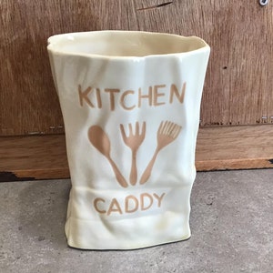 Vintage Kitchen Caddy Ivory Brown Ceramic Kitchen Caddy Utensil Holder Stoneware, Super cute piece to add function and flair to any kitchen