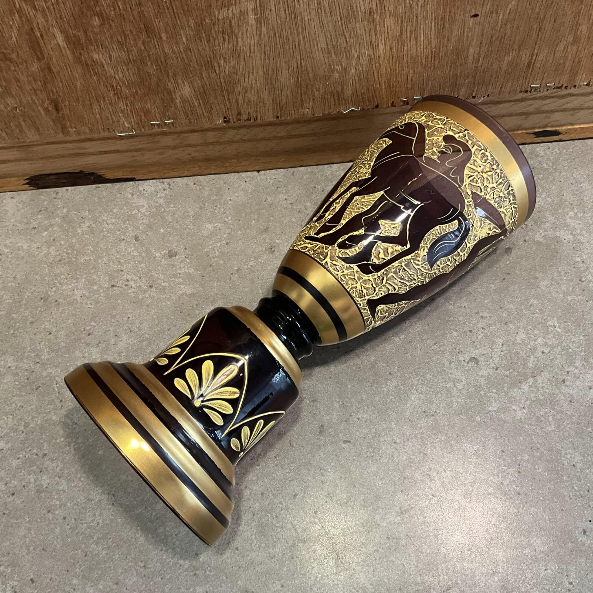 ヴィンテージギリシャデザインの花瓶：24Kゴールドアメジストガラス