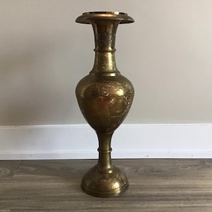 Vintage Etched Brass Vase 19&quot; High Filigree Gold Bohemian Decor Boho Chic Flower Display Pot Hollywood Regency