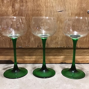 3 Vintage glassware stemware Mid century 1970s. Green tulip stems.