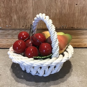 Vintage Ceramic Bowl Basket with Cherry Fruit , HandPainted Kitchen Decor, Gift for her.