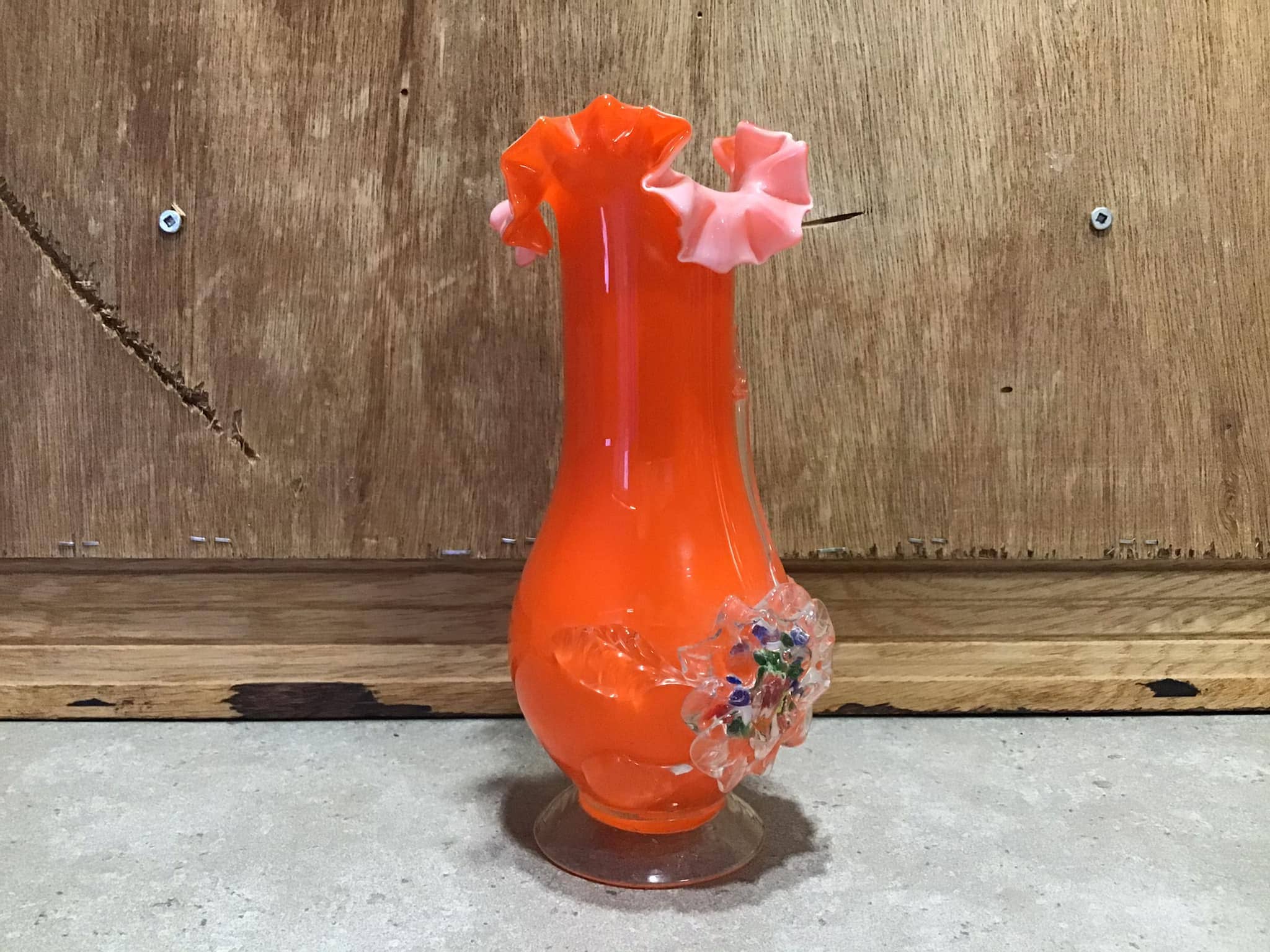 ヴィンテージアートガラス花瓶 オレンジ フリル イタリア ムラーノ