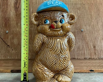 青い帽子をかぶったヴィンテージ風セラミック製クマ型クッキージャー