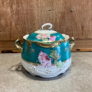 Antique Saxe Altenburg hand painted Floral  Lidded Bowl with Handles Made in Germany