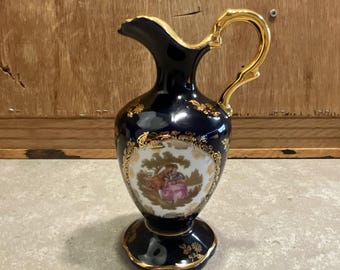 Vintage Limoges Castel France Porcelain Pitcher, 22K Gold Cobalt Blue Ewer, Fragonard Courting Couple Scene, French Luxury Home Decor Gift