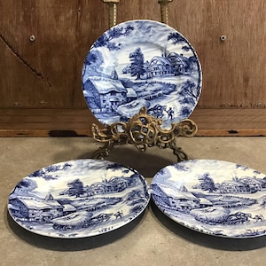 3 Vintage Ridgway Hayride Ironstone Salatteller blau und weiß, Staffordshire, hergestellt in England