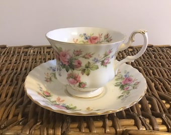 Vintage Royal Albert Moss Rose Teacup and Saucer: Fine Bone China