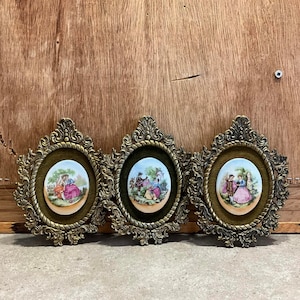 3 Vintage Framed Picture, Brass Frame ,Made in Italy, Italian Framed Art, Filigree Frames Victorian Picture Wall Hanging