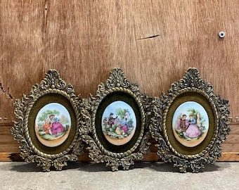 Vintage Italian Framed Art: Set of 3 Brass Filigree Victorian Pictures