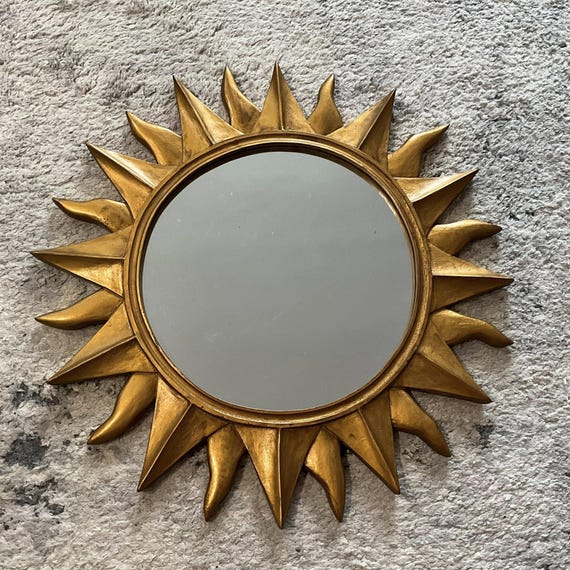 Vintage Gold Sun Mirror, Celestial Starburst Wall Hanging Shabby