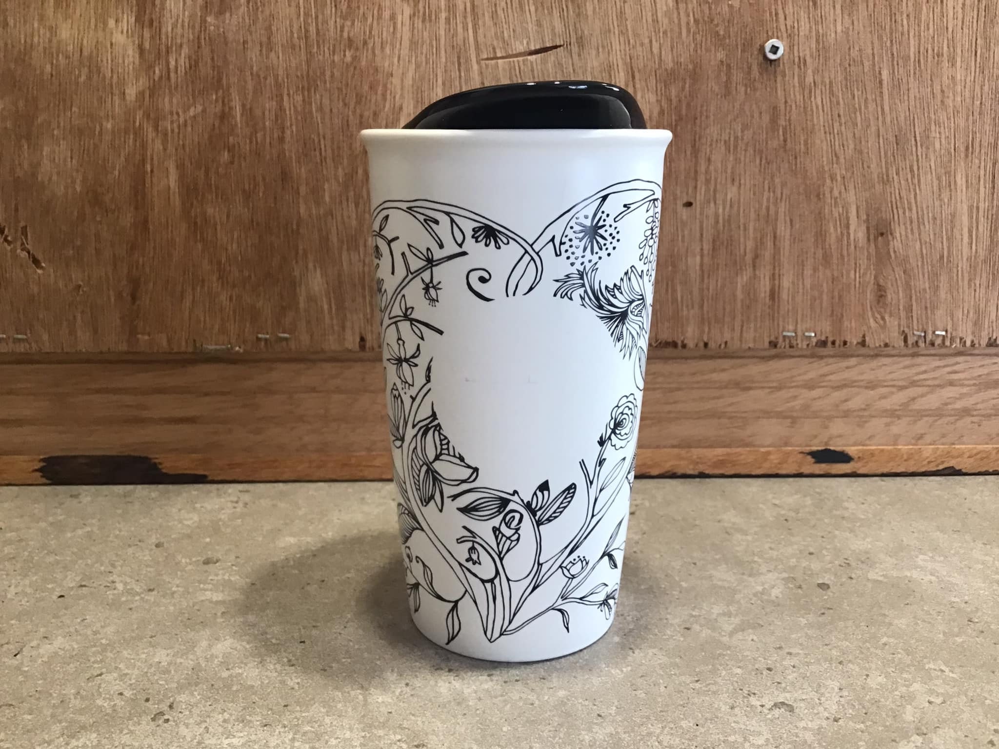 Starbucks 2014 Tumbler Black White Floral Butterfly Ceramic Travel