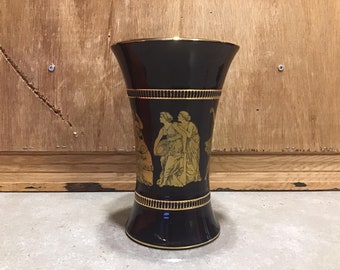 Vintage Florentine Italy VASE with Greek Scene, Vase Cobalt Blue with Gold Fine art hand painted 24k gold home decor gift decorative