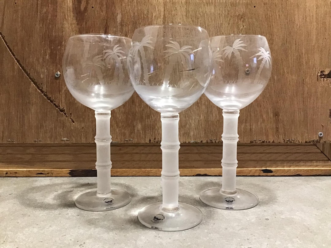 3 Wine Glasses Palm Tree Design With Frosted Bamboo Stem Etsy