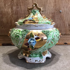 Vintage Pereiras Valado Portugal Hand Painted Porcelain Lidded Bowl Green Gold with Roses
