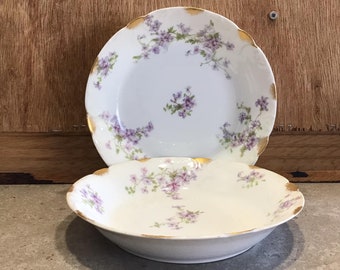 Talerze porcelanowe Limoges, fioletowe kwiaty, GDA Francja, CH Field Haviland Talerz Limoges