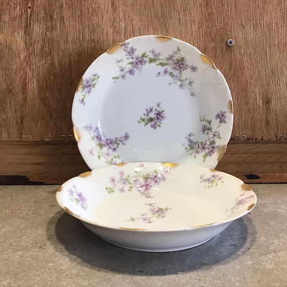 Limoges Porcelain Plates, Purple Flowers, GDA France, CH Field