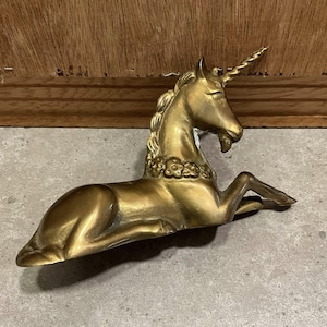 Vintage Brass Unicorn Lying Figurine Gold Metal Figurine Retro Mythical Creature Statuette Modern Mid Century Kitschy Figure Bedroom