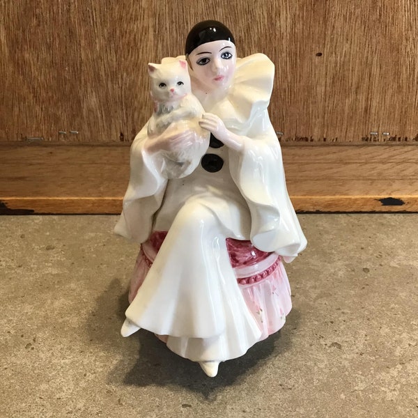 Vintage 1981~Schmid 390~Pierrot Love~ Fur Elise ~ Michel Oks - Clown with Cat Music Box Porcelain Figural Clown Mechanical Wind-up Music Box