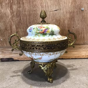 Antique French Sevres Depose Porcelain and Bronze  Covered Candy Dish with 2 Handles