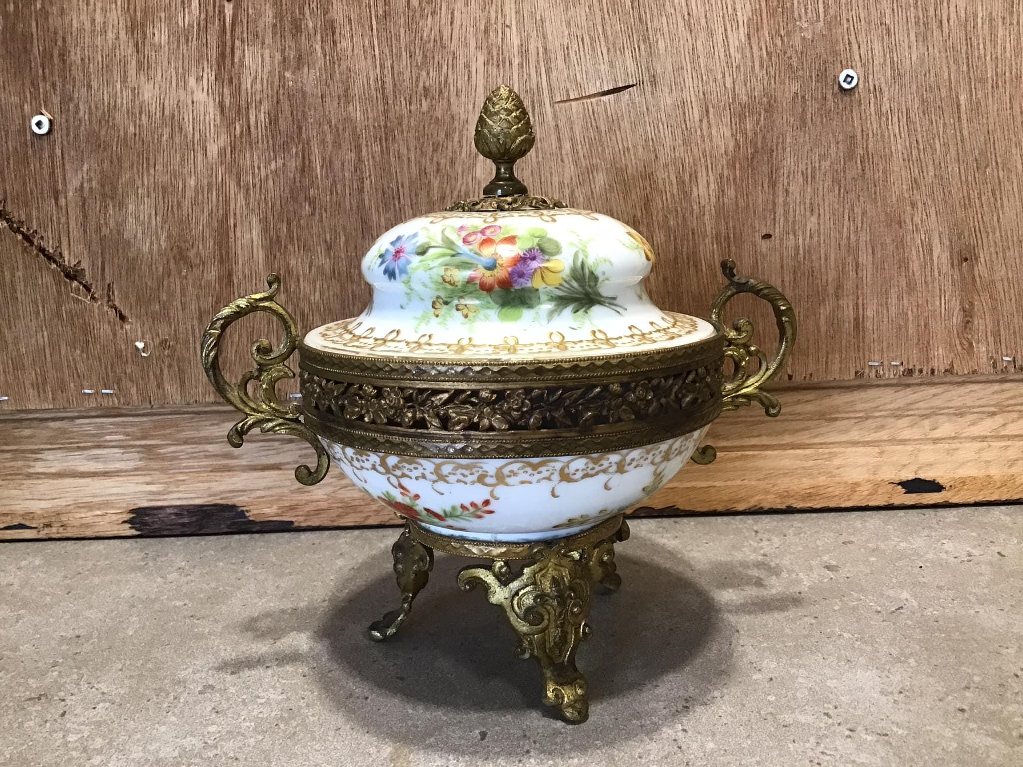 Antique French Sevres Depose Porcelain and Bronze Covered Candy