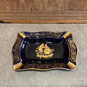 Limoges Castel France Porcelain Cobalt Blue 22K Gold Cameo Ashtray