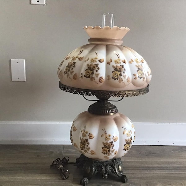 Large Floral Milk Glass Lamp Gone With The Wind GWTW Accent Light Hurricane Lamp Mid Century Victorian Revival Country Chic Decor