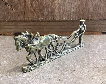 Grande figurine vintage cheval et charrette en laiton - France