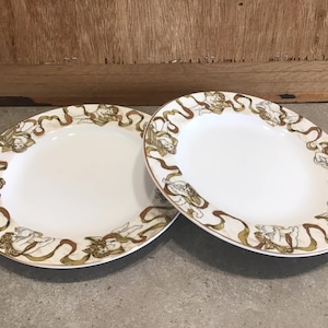 2 American Atelier Heavenly Hosts Lunch Plates with Gold Gilt Accents, Cherubs Playing Musical Instruments