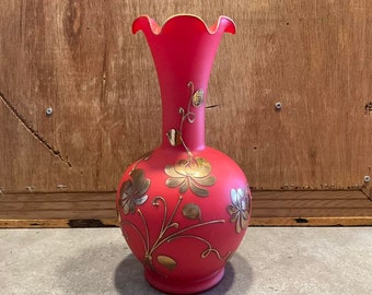 イタリア製　オレンジのガラス花瓶 ヴィンテージ イタリア製ガラス花瓶、赤オレンジ、金箔の花 - Etsy 日本