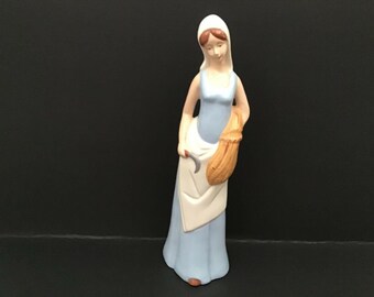Vintage Woman Figurine Blue and White Dress Ceramic Statue Collectible Shelf Figure Statement Gift