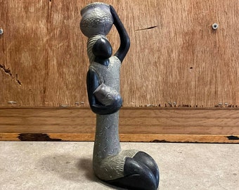 Vintage African Figurine Folk Art Hand-Carved Stone Sculpture - Woman with/ Basket