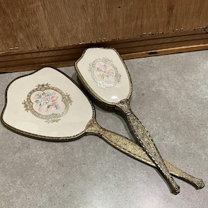 2 pc Vintage Vanity Set, Hand Mirror and Brush, Grooming Set, Floral Gold Design Boudoir Dressing Room Hollywood Regency