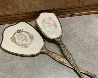 Vintage Floral Gold Vanity Set: Hand Mirror and Brush, Hollywood Regency