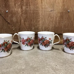 4 Royal Albert Centennial Rose Mugs with Pink Red Orange Roses, Vintage Bone China
