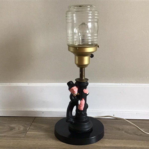 Vintage Drunk Guy Lamp, Holding Onto Street Lamp Post, Clear Glass Lamp Shade, Bar Lamp Gift For Him, Drunk Man Holding Liquor Bottle