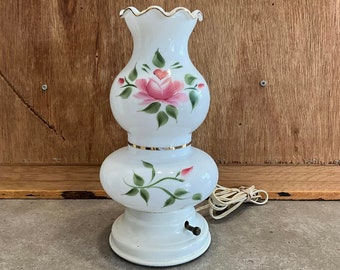 Vintage Electric Hurricane Lamp: Pink Rose Milk Glass Parlor Lamp