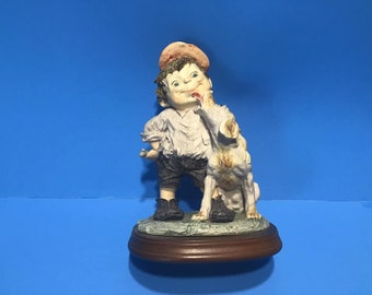 Vintage Gulliver's World "Boy with Dog" Collection Boy Figurine with His Dog, Porcelain Figurine with Wooden Base